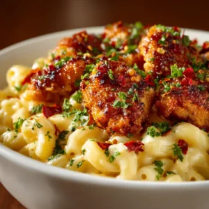 An extreme close-up shot of creamy chicken mac and cheese, showing the texture of the velvety cheese sauce coating the pasta.