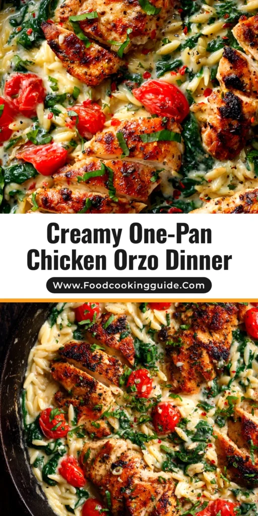 A skillet of creamy chicken orzo garnished with fresh parsley, shown with a serving on a white plate. This one-pot recipe is perfect for an easy weeknight dinner.