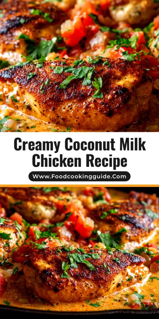 A top-down view of Creamy Coconut Milk Chicken in a white bowl, served over rice and garnished with fresh cilantro. The rich, creamy sauce is visible, coating tender pieces of chicken.