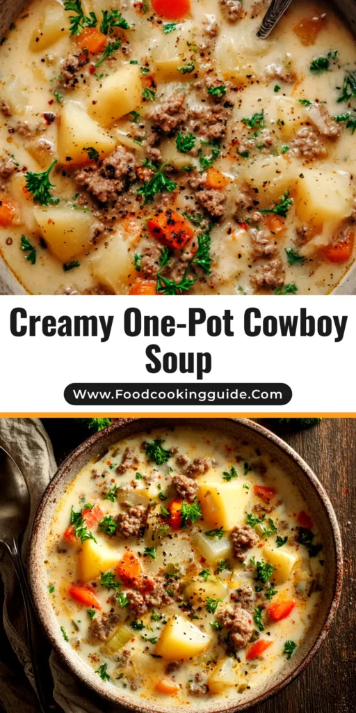 A bowl of Creamy Cowboy Soup, garnished with fresh parsley. The perfect hearty and easy one-pot dinner recipe.