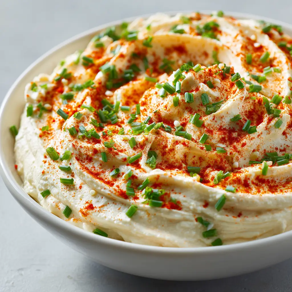 Deviled Egg Dip (The Ultimate Creamy & Classic Recipe) 2 A close-up shot of the creamy texture of deviled egg dip in a bowl, showing bits of egg and seasoning. Highlights the dip's rich consistency.