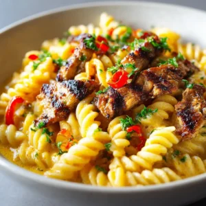 A close-up shot of creamy jerk chicken pasta, with a fork twirling the penne noodles coated in a luxurious coconut milk sauce.
