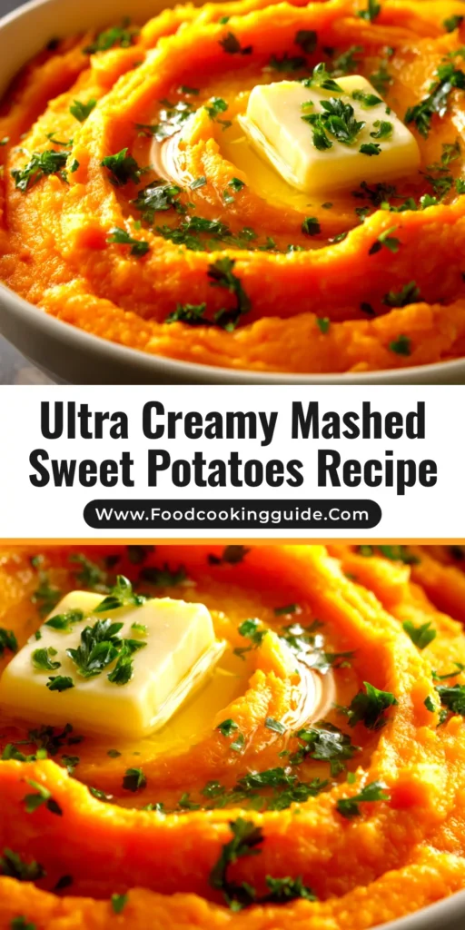A large white bowl of creamy, orange mashed sweet potatoes, garnished with fresh herbs and a pat of melting butter. The perfect holiday side dish.