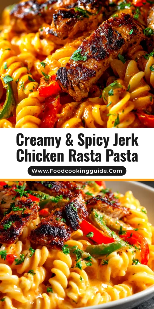 A delicious bowl of Creamy Rasta Pasta with colorful bell peppers and a rich jerk-infused sauce, ready to be served.