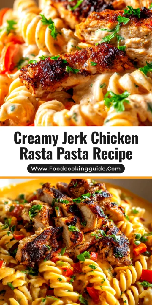 A stunning overhead shot of Creamy Rasta Pasta in a white bowl, showcasing the vibrant red, yellow, and green bell peppers, tender jerk chicken, and rich, creamy sauce.