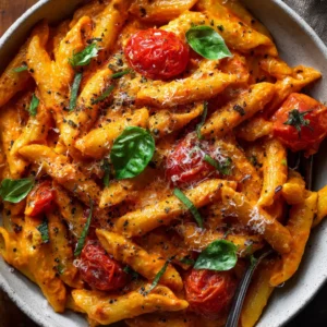 An overhead close-up shot of a vibrant bowl of creamy tomato garlic pasta. The rich, orange-hued sauce coats every piece of penne pasta.