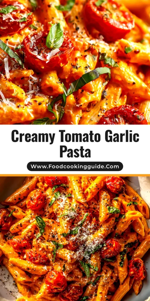 A stunning bowl of creamy tomato garlic pasta, garnished with fresh basil and parmesan cheese. The perfect easy weeknight dinner recipe.