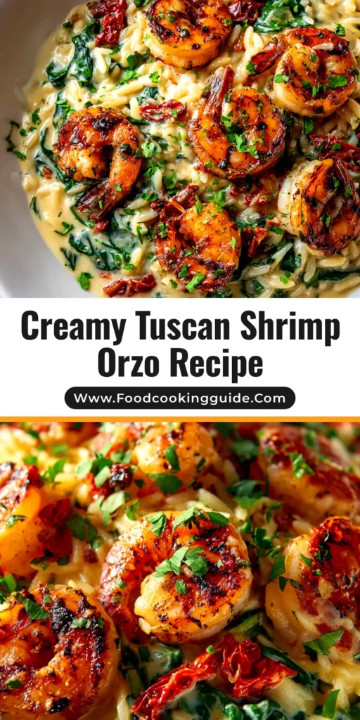 A stunning overhead shot of Creamy Tuscan Shrimp Orzo in a white bowl, garnished with fresh parsley. The perfect pin to showcase this easy 30-minute recipe.