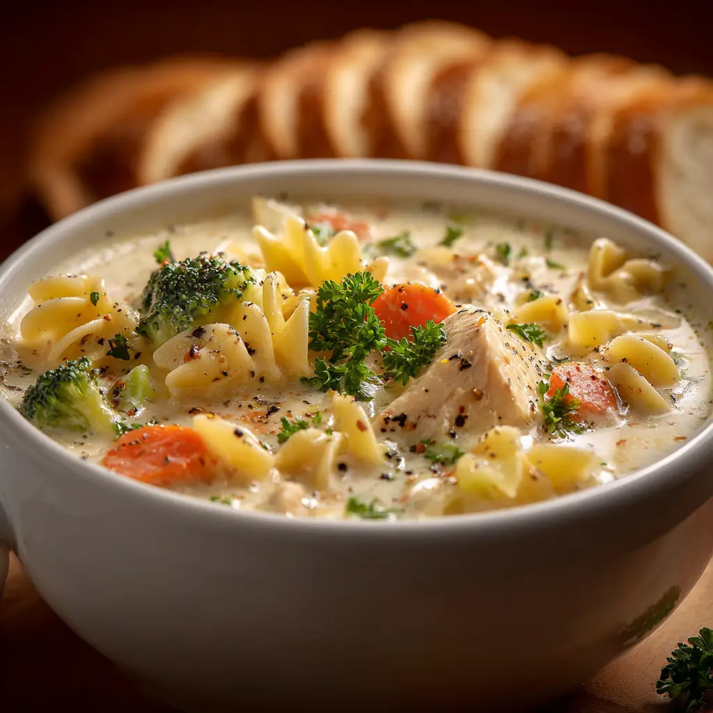 An extreme close-up shot of creamy white chicken lasagna soup, showing the texture of the shredded chicken, pasta, and rich broth.