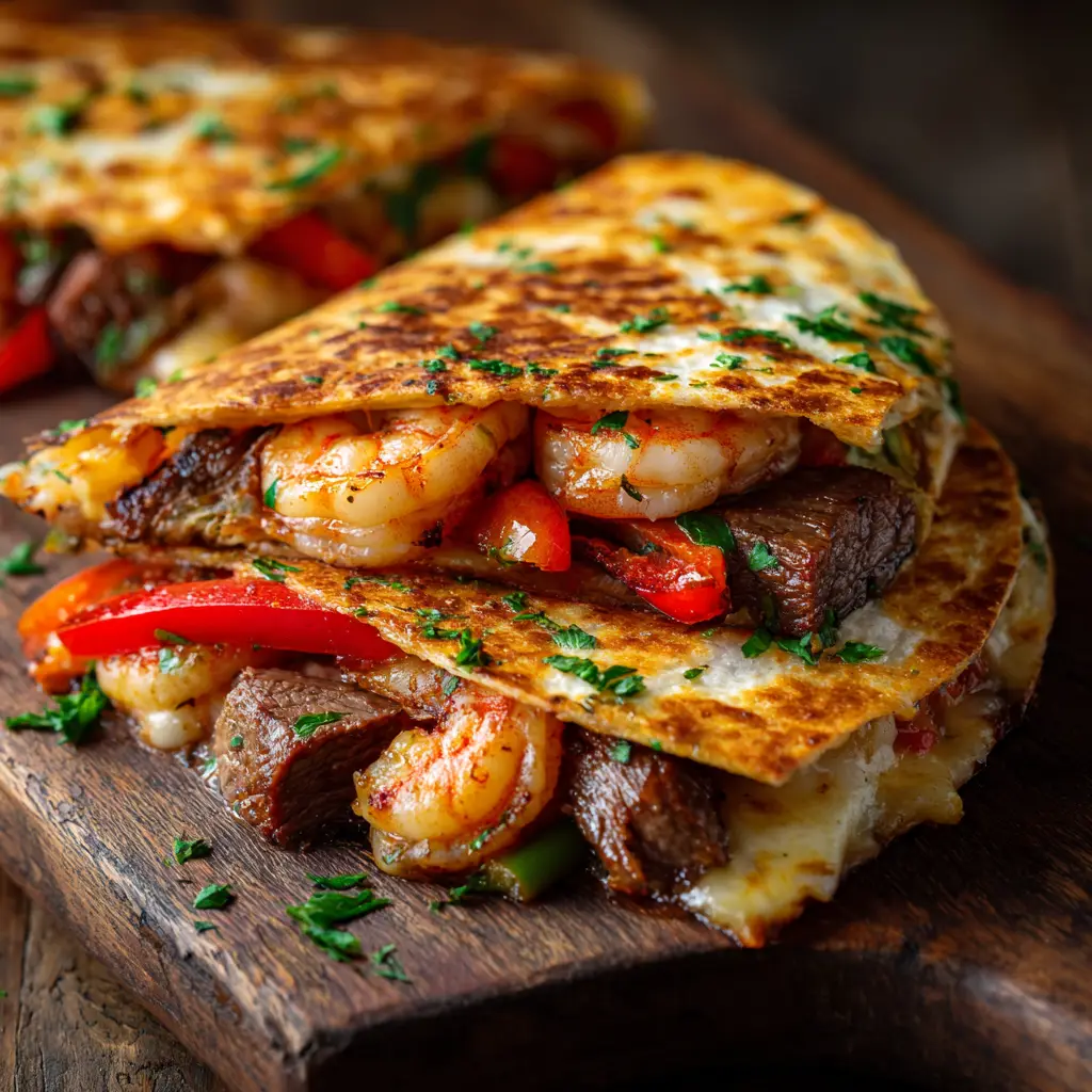 A detailed view of the melted cheese, tender steak, and plump shrimp inside a sliced Creole quesadilla.