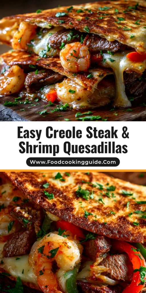 A plate of perfectly cooked Creole Steak and Shrimp Quesadillas, sliced in half to show the cheesy, meaty filling, with a side of sour cream and cilantro.