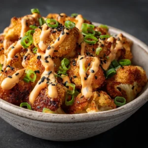 Golden brown crispy cauliflower bites fresh from the oven, ready to be tossed in homemade bang bang sauce.