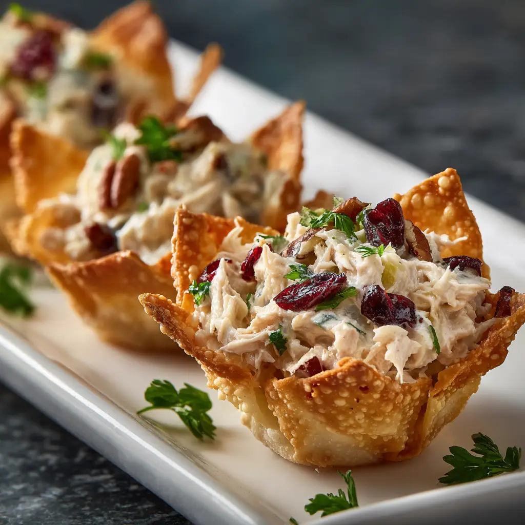 A tray of freshly baked crispy wonton cups filled with a creamy chicken salad. A simple and elegant finger food idea.