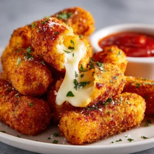 A platter of perfectly golden and crispy fried cheese sticks, ready to be served as a delicious appetizer.