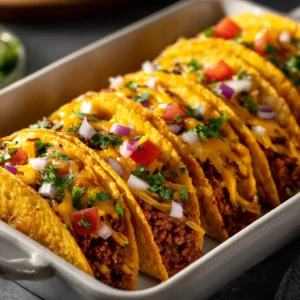 A close-up of crispy ground beef tacos after being baked in the oven, with golden shells and bubbly cheese.