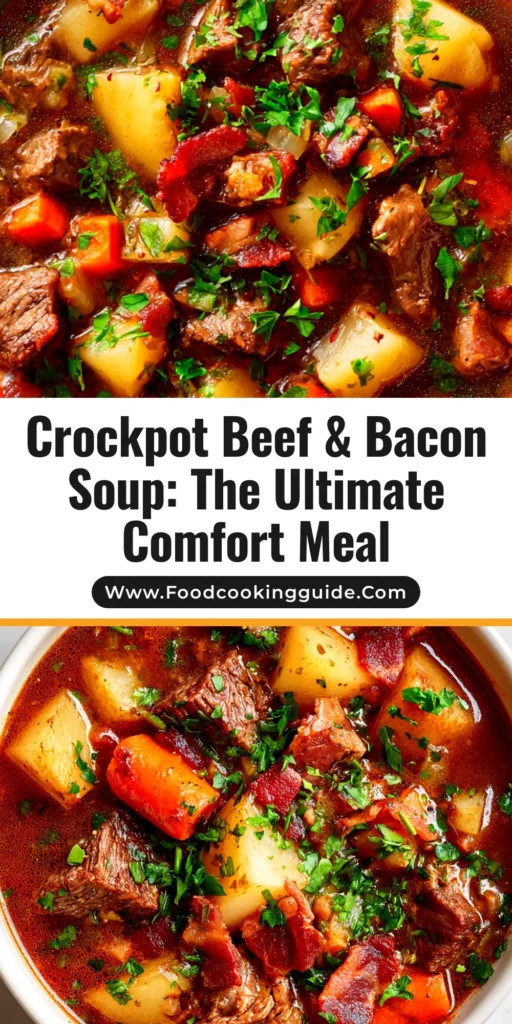 A delicious bowl of Crockpot Beef and Bacon Soup, garnished with fresh herbs. The perfect easy and hearty slow cooker recipe for dinner.