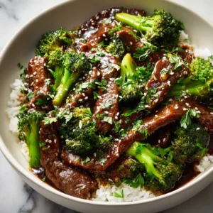 A vibrant high-angle shot of homemade crockpot beef and broccoli in a serving dish, highlighting the savory sauce and tender beef.
