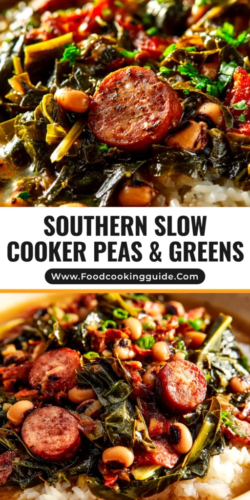 A delicious bowl of Crockpot Black Eyed Peas and Collard Greens, a traditional Southern dish made easy in the slow cooker. The perfect lucky meal for the New Year.