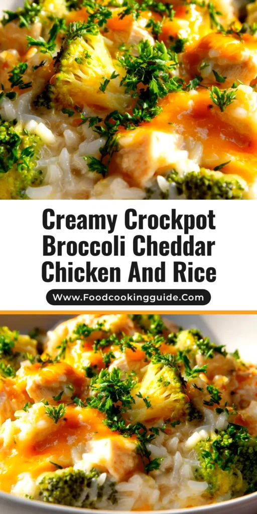 A top-down view of a white bowl filled with creamy Crockpot Broccoli Cheddar Chicken and Rice, garnished with fresh parsley.
