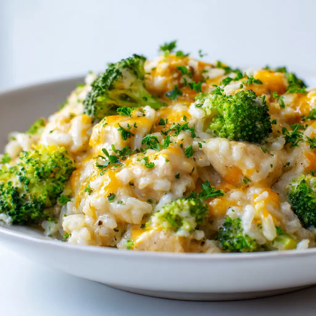 A serving of Crockpot Broccoli Cheddar Chicken and Rice on a plate, ready to be eaten, highlighting the tender chicken and perfectly cooked rice.