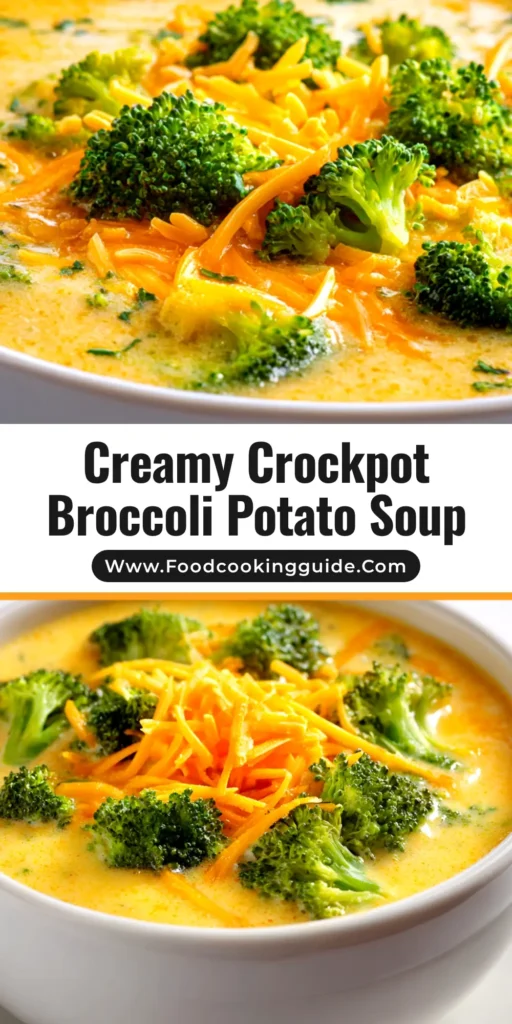 A delicious bowl of Crockpot Broccoli Cheddar Potato Soup, garnished with extra cheese and fresh parsley. The soup is thick, creamy, and ready to be served.
