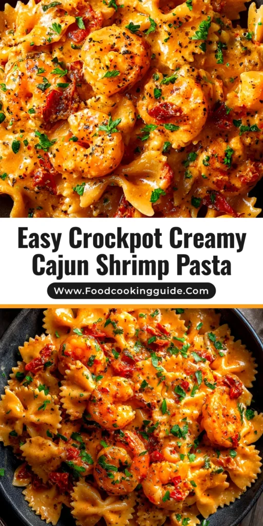 A delicious bowl of Crockpot Cajun Shrimp Pasta with creamy sauce, tender shrimp, and sliced andouille sausage, garnished with fresh parsley.