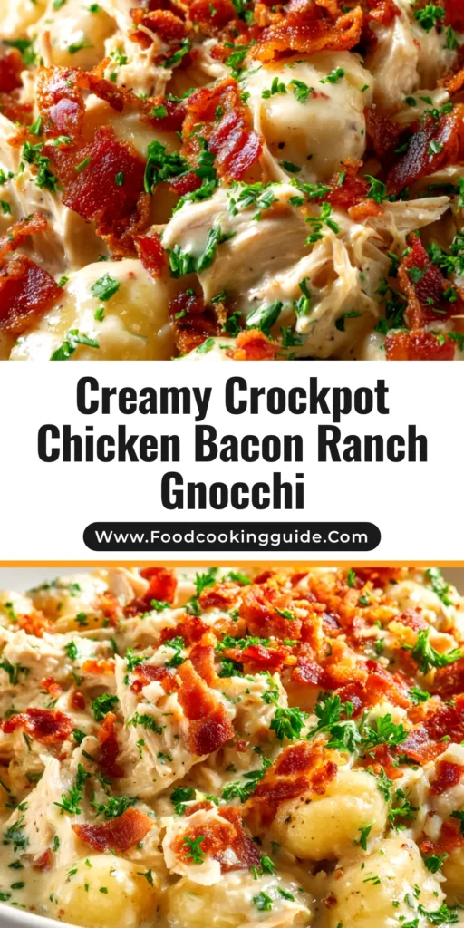 A top-down view of creamy Crockpot Chicken Bacon Ranch Gnocchi in a white bowl, garnished with bacon and chives.