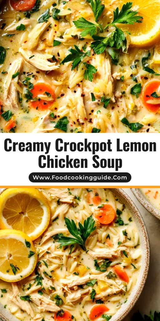 A bowl of Crockpot Creamy Lemon Chicken Orzo Soup, garnished with fresh parsley and a lemon slice, ready to be shared on Pinterest.