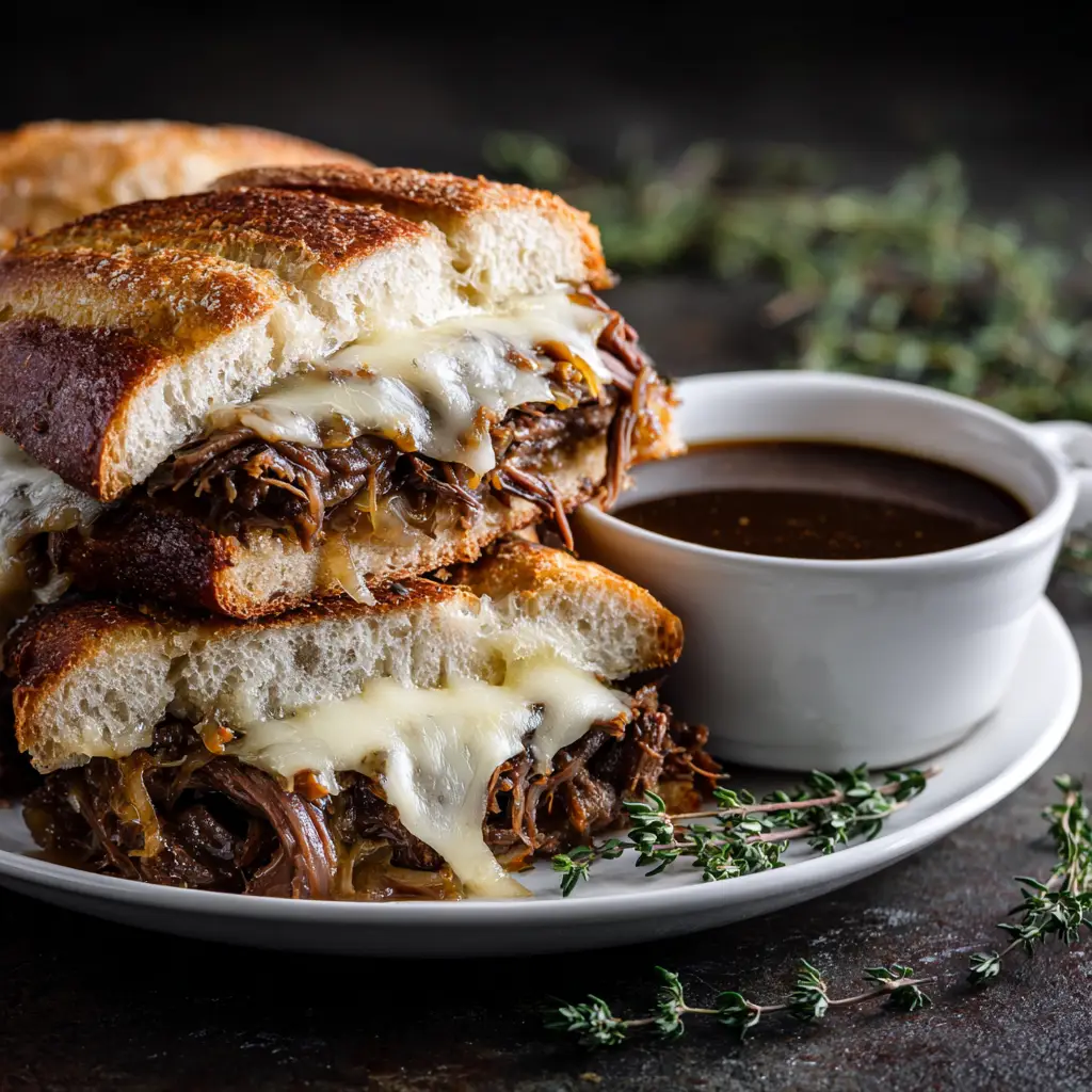 A close-up shot of a juicy crockpot French dip sandwich, with melted provolone cheese and tender shredded beef spilling out of a toasted hoagie roll.