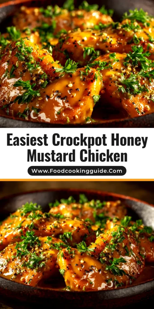 A shareable pin image for Crockpot Honey Mustard Chicken, showing the final dish served over rice with text overlay for Pinterest.