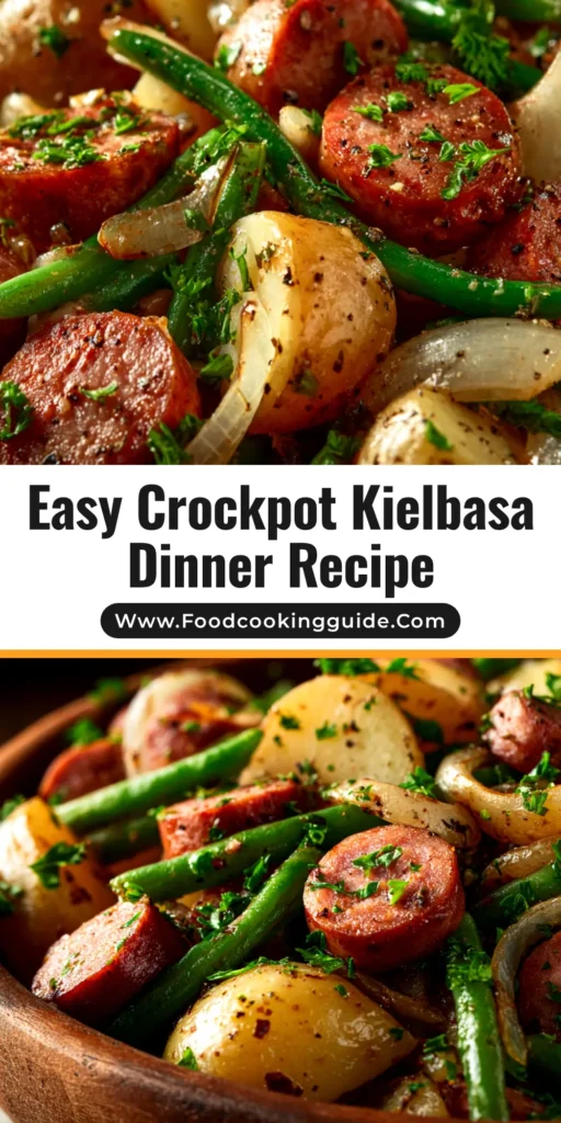 A top-down view of a white bowl filled with Crockpot Kielbasa Potatoes Green Beans, showing tender potatoes, sliced sausage, and vibrant green beans.