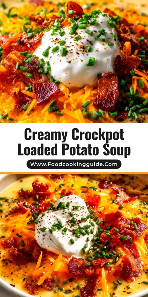 A delicious bowl of Crockpot Loaded Baked Potato Soup, topped with cheddar cheese, crispy bacon, and fresh chives. The perfect easy and creamy slow cooker recipe.