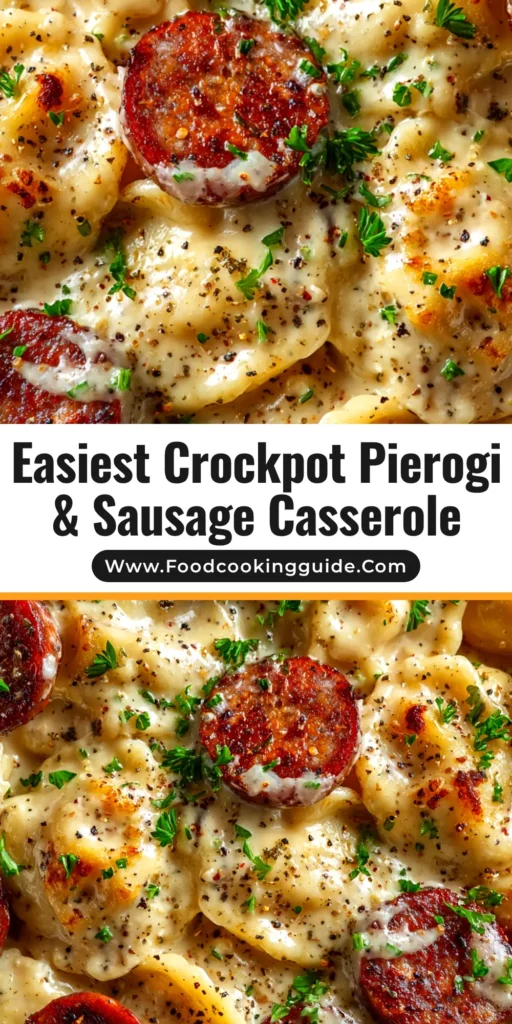 A delicious and easy Crockpot Pierogi Casserole in a slow cooker, topped with melted cheddar cheese and fresh parsley. A perfect weeknight comfort food dinner.