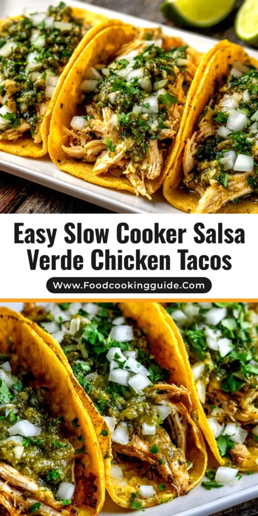 A close-up of three Crockpot Salsa Verde Chicken Tacos loaded with shredded chicken, cilantro, and onion on a plate. The easiest 3-ingredient slow cooker recipe!