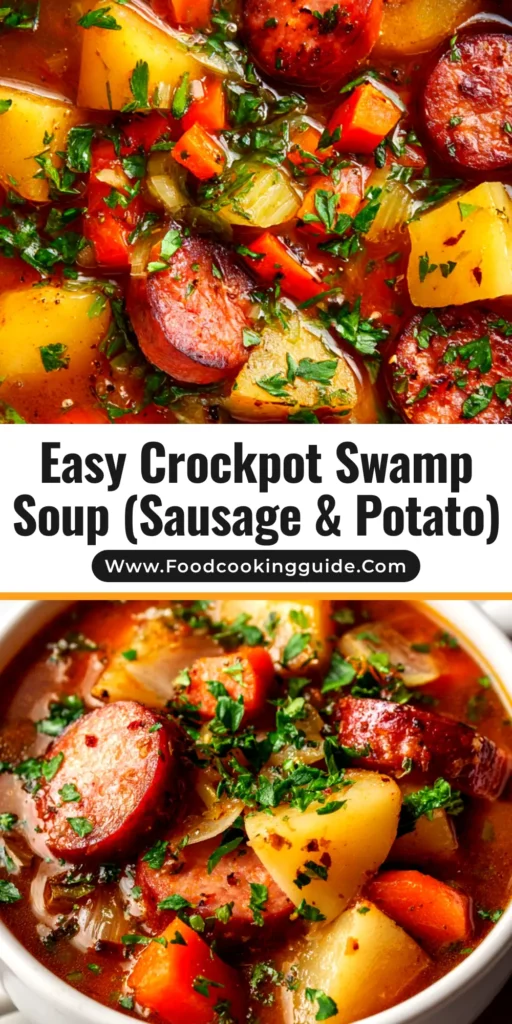 A shareable pin image of a bowl of hearty Crockpot Swamp Soup, highlighting its creamy texture and rich ingredients.