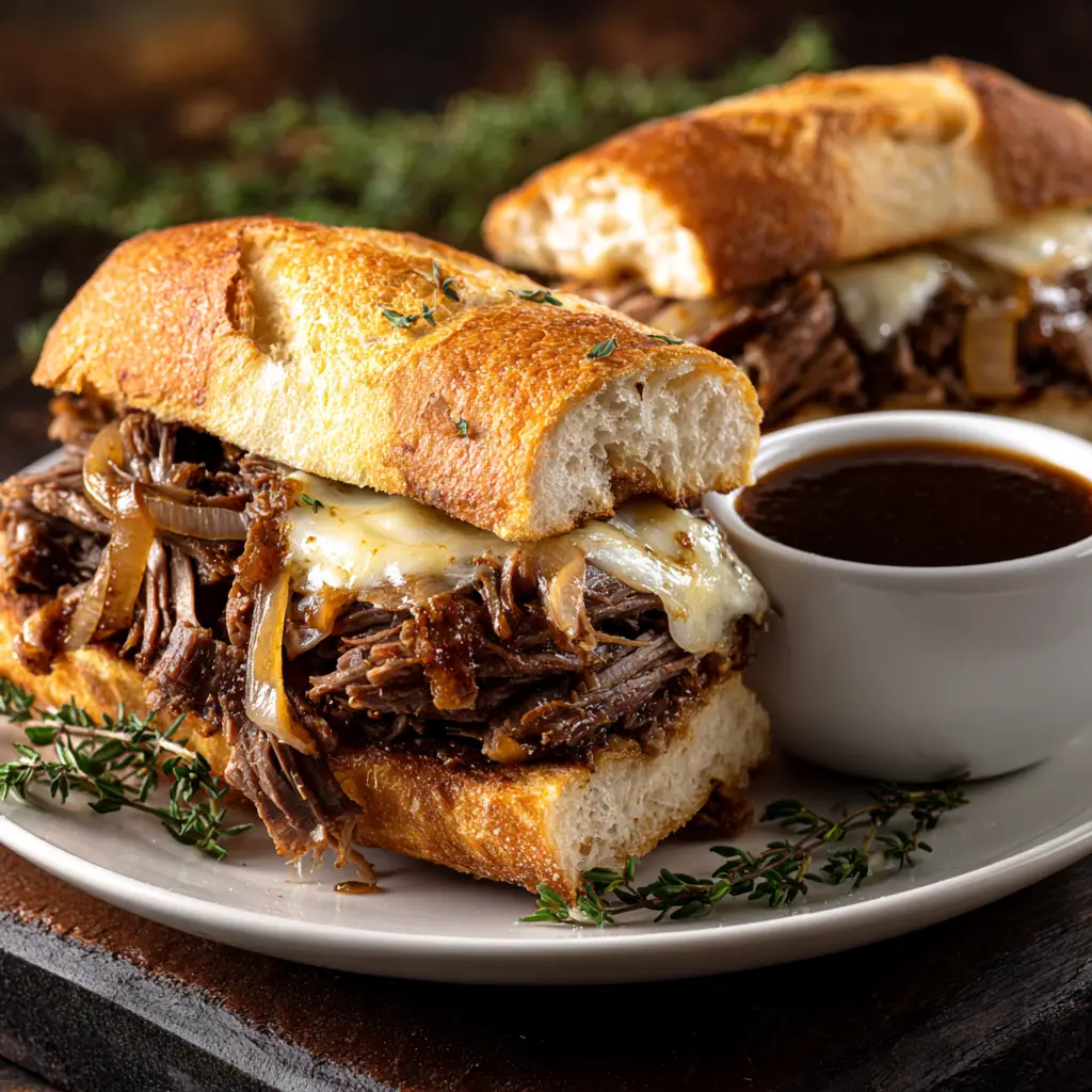A Slow Cooker French Dip Sandwich being dipped into a small white bowl of rich, dark au jus, showcasing the final step before eating.