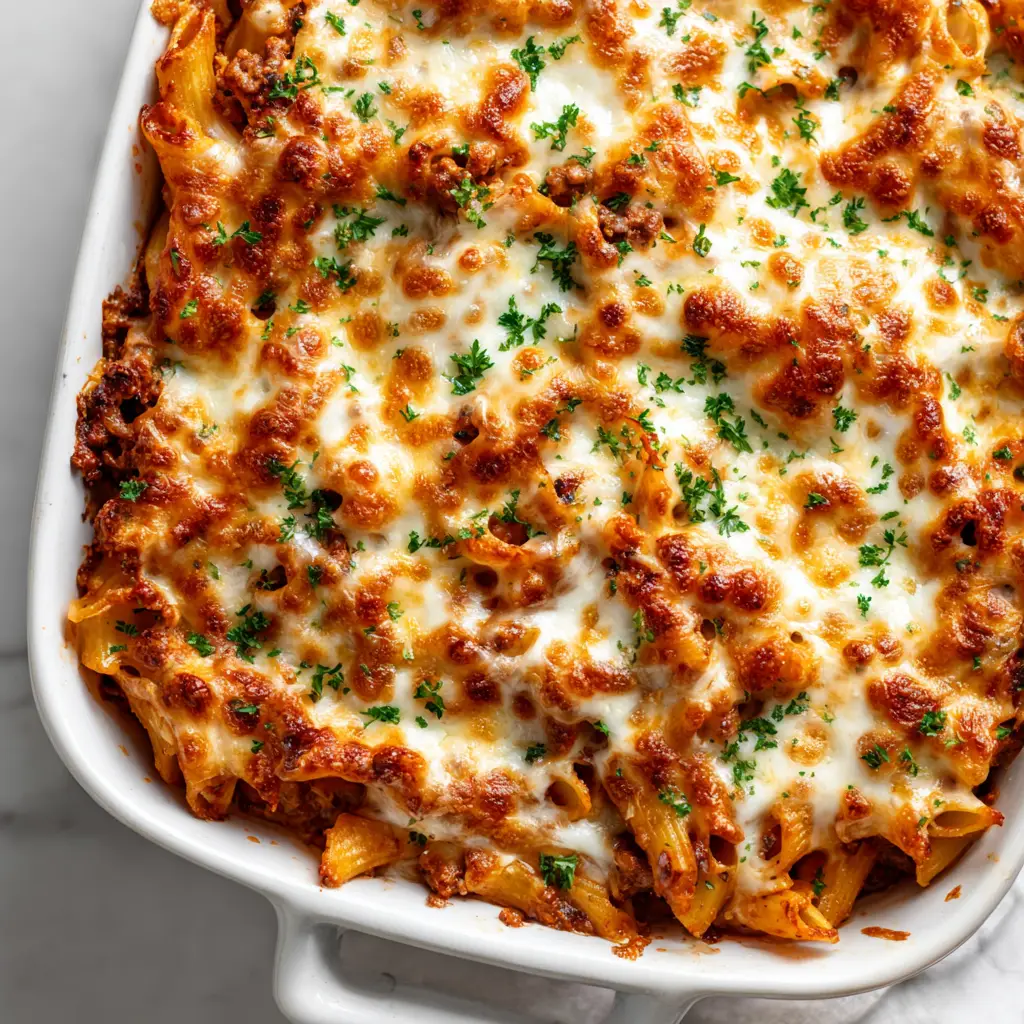 A serving of easy baked mostaccioli on a white plate, garnished with fresh basil leaves. The texture of the meat sauce and cheese is visible.
