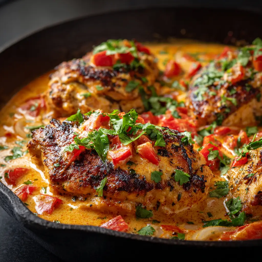 A spoonful of the finished creamy coconut milk chicken being lifted from a bowl, showing the tender chicken and sauce.
