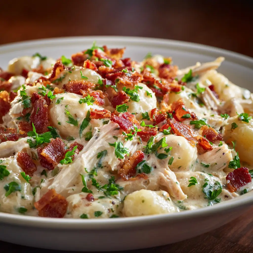 The finished Crockpot Chicken Bacon Ranch Gnocchi being stirred in the slow cooker, ready to be served.