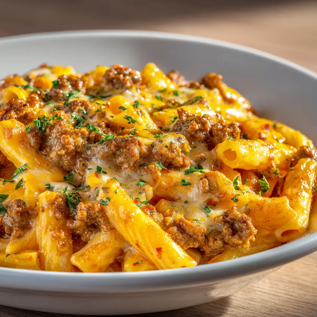 A spoonful of ground beef pasta from the crockpot, demonstrating the dish's rich and comforting qualities.