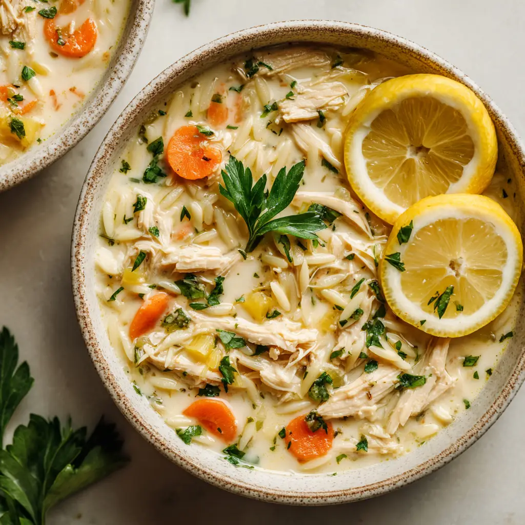 A spoonful of creamy chicken orzo soup being lifted from a bowl, showing the tender chicken and pasta.