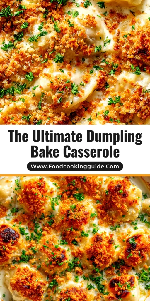 An overhead shot of a cheesy dumpling bake in a casserole dish. This easy comfort food recipe is perfect for a weeknight dinner.