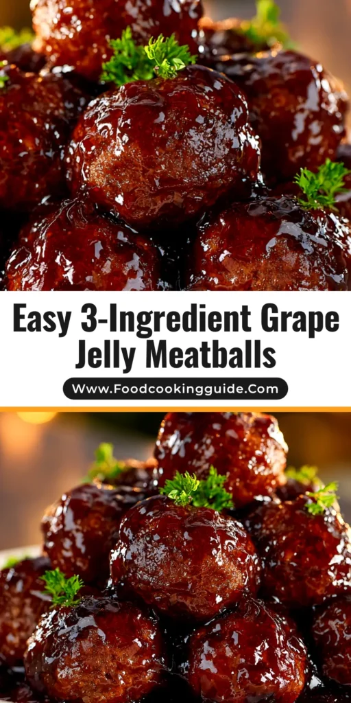 A top-down view of a white bowl filled with saucy Grape Jelly Meatballs, garnished with fresh parsley. This image showcases the easy 3-ingredient party appetizer.