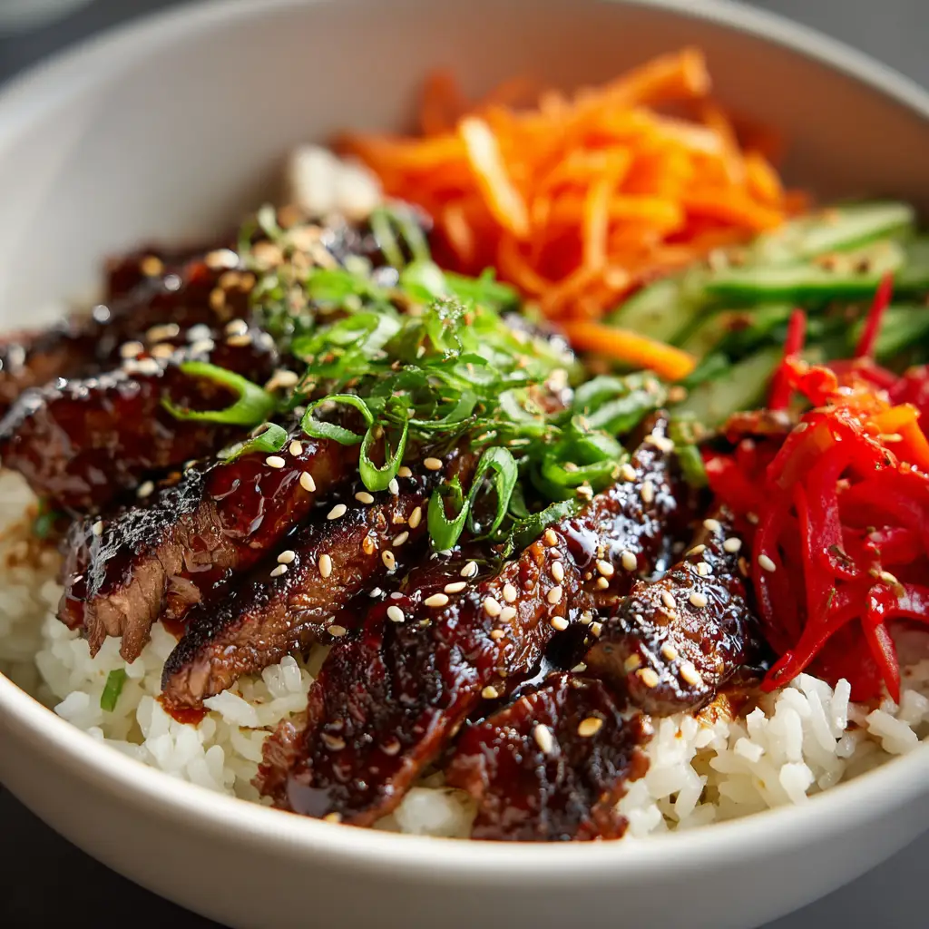 A fully assembled Korean beef bowl, showcasing the steak, rice, and fresh garnishes ready to be eaten.