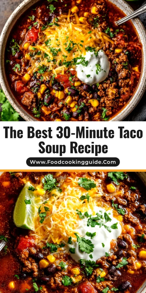 A vibrant bowl of easy taco soup recipe, topped with shredded cheese, sour cream, and fresh cilantro. A perfect weeknight dinner idea.