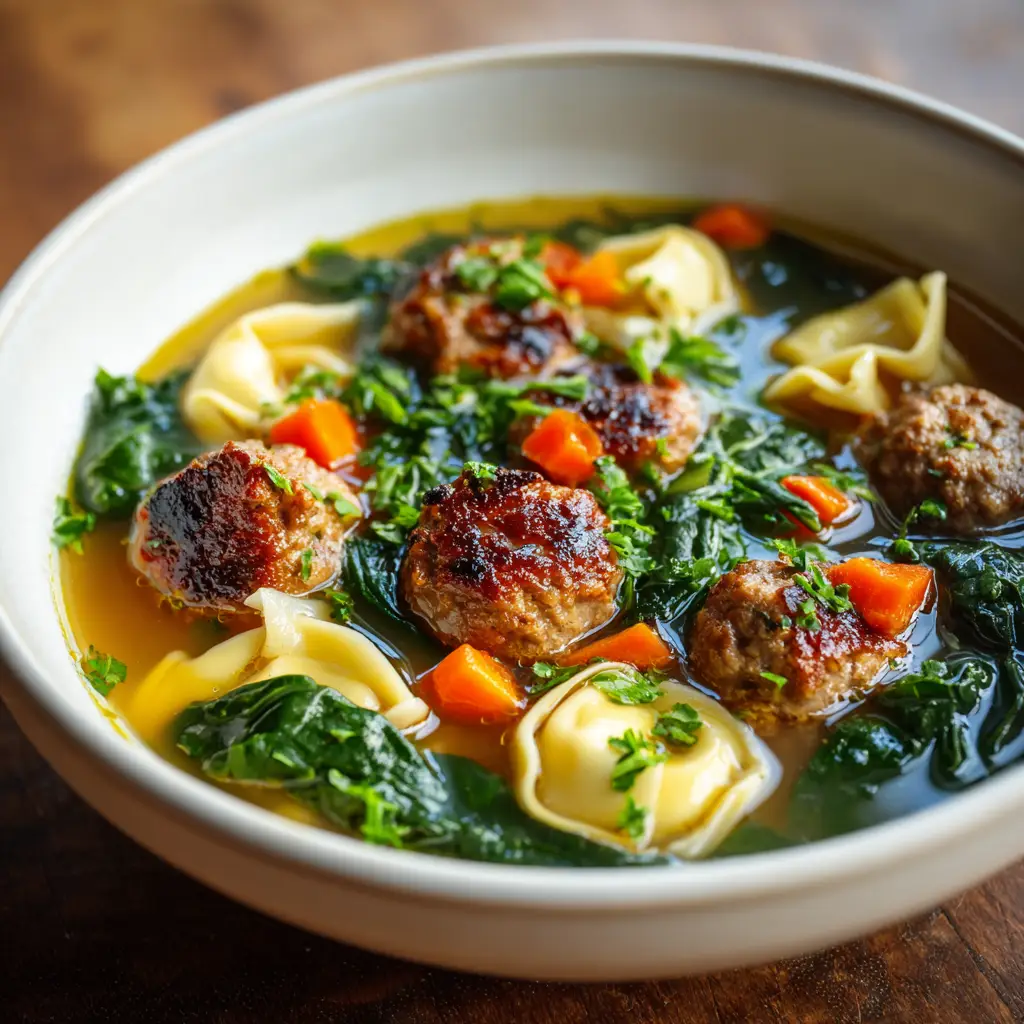 A spoonful of delicious Italian wedding soup, lifting savory meatballs, pasta, and vegetables from the bowl.