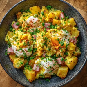 A close-up shot of the egg and potato scramble in a skillet, showcasing the fluffy eggs and golden-brown breakfast potatoes.