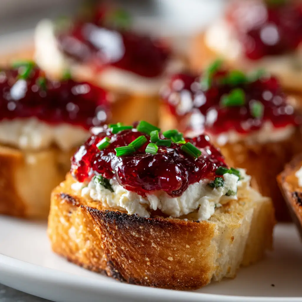 A close-up macro shot of a single piece of cranberry bruschetta, showing the creamy texture of the cheese and the glossy pepper jelly.