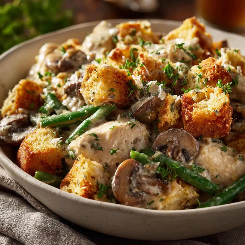 A spoonful of the finished slow cooker chicken stuffing bake, highlighting the tender shredded chicken and moist stuffing.