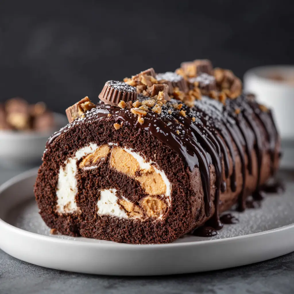 The full Peanut Butter Cup Chocolate Roll, elegantly topped with chocolate ganache and chopped peanut butter cups before being sliced.